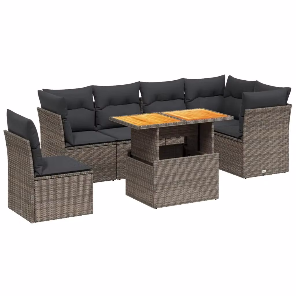 Set di divani da giardino vidaXL 7 pezzi in polyrattan grigio con cuscini e tavolino da esterno – 2