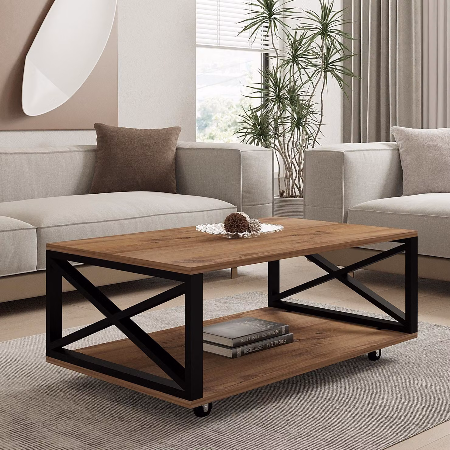 Lesegno - Tavolino da Salotto, 98x60x34h cm Marrone Rovere Scuro, con Ruote