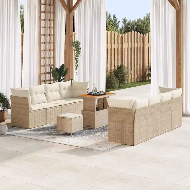Set Divano da Giardino vidaXL a forma a U composto da 11 pezzi in rattan beige con cuscini inclusi e struttura in acciaio verniciato a polvere