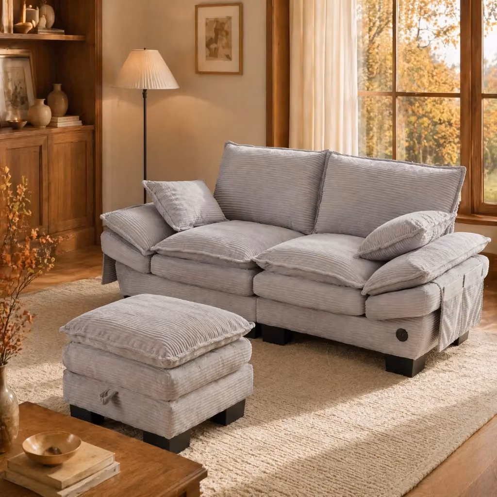 Divano REDOM a 2 posti con pouf coordinato in tessuto a coste grigio chiaro con ricarica USB-C L: 190 cm, P: 132 cm, H: 84 cm – 2