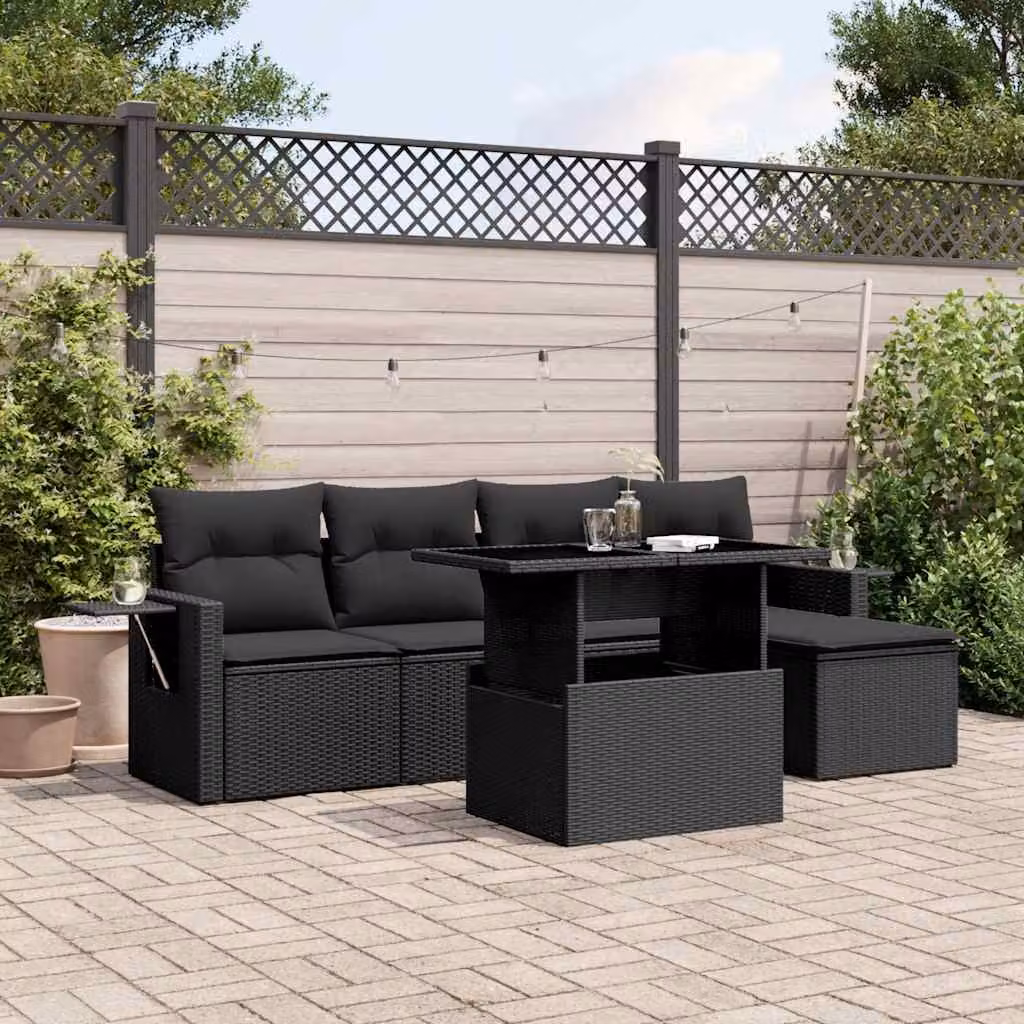 Set Divano da Giardino vidaXL 6 pz in Polyrattan Nero con Cuscini e Tavolino – 1