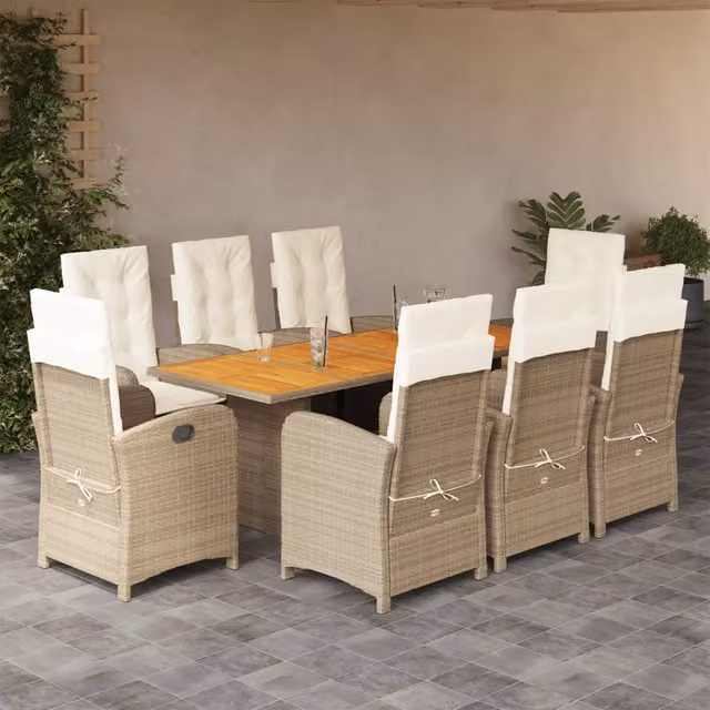 Set da pranzo da giardino vidaXL in legno di acacia oliato con 9 sedute e cuscini beige, marrone e grigio