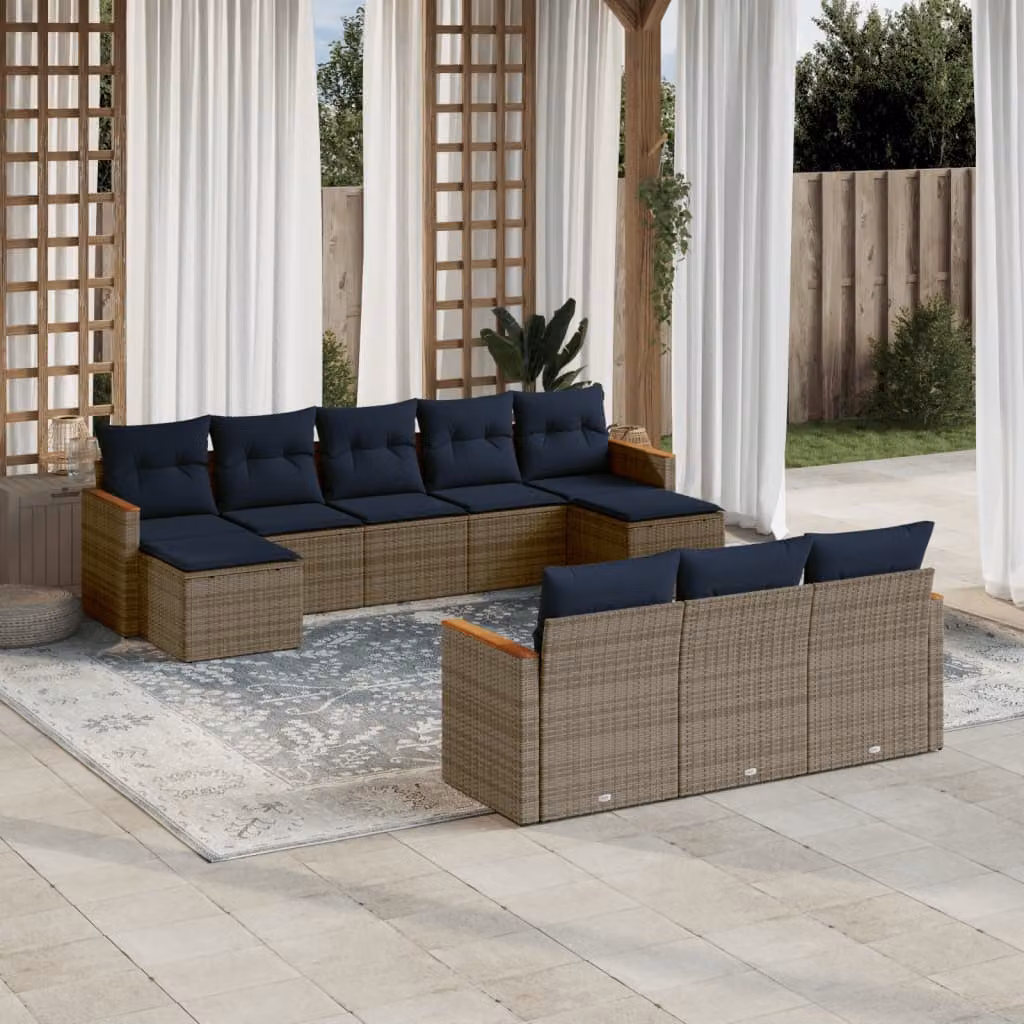 Set di divani da giardino vidaXL in polyrattan a forma di U composto da 10 pezzi con cuscini grigi e blu e struttura in metallo resistente ai raggi UV