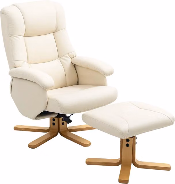 Poltrona relax con poggiapiedi girevole 360° reclinabile a 135° in similpelle PU crema portata 120 kg per casa e soggiorno