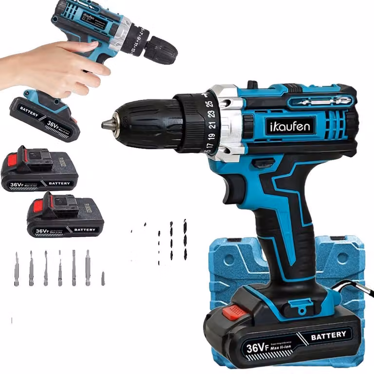 Trapano avvitatore a percussione, mandrino autoserrante da 3/8", coppia massima fino a 38 Nm, cambio a 2 velocità, batteria agli ioni di litio da 1500 mAh, 25+1 posizioni di regolazione della frizione