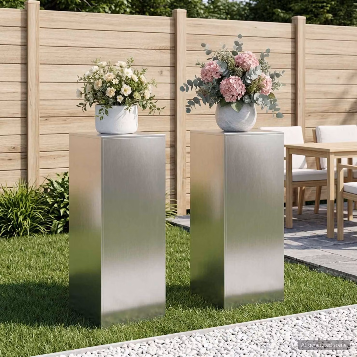 Set di 2 supporti per piante vidaXL in metallo color argento opaco, L/P/H: 40 x 40 x 100 cm
