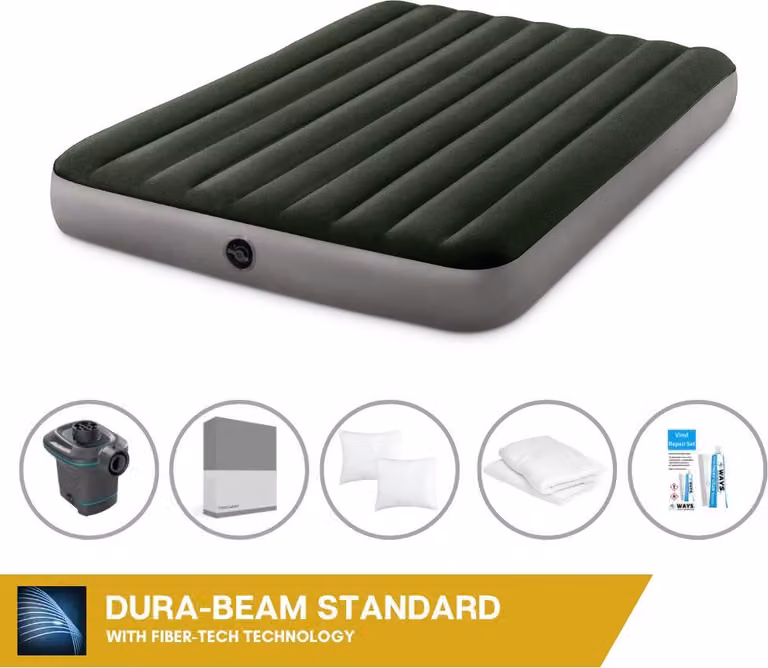 Letto gonfiabile Intex - 2 persone - 152 x 203 x 25 cm - Verde + pompa elettrica Intex - 650 litri/min + lenzuola antracite + cuscino + federe Molton 2 in 1 + set di riparazione