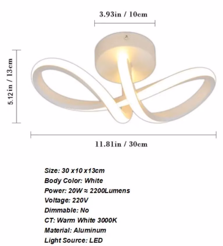 Plafoniera a LED - Modello A3203 - 20 W - 3000 K (luce bianca calda) - Design curvo - Alluminio - Non dimmerabile - Bianco