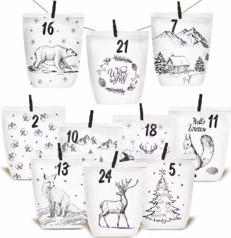 Calendario dell'Avvento da riempire bianco nero foresta di Natale fai da te borse bambini adulti