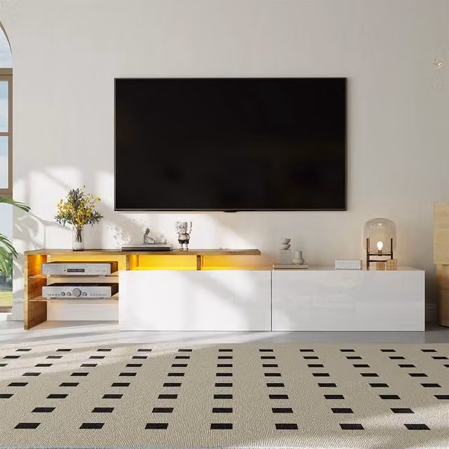 Mobile TV moderno Xylo bianco e legno con vetrine in vetro e illuminazione LED integrata L: 170 cm, P: 33,5 cm, H: 33 cm
