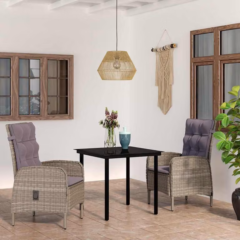 Set da pranzo da giardino vidaXL in polyrattan con tavolo in vetro e cuscini, 3 pezzi, Grigio e Nero