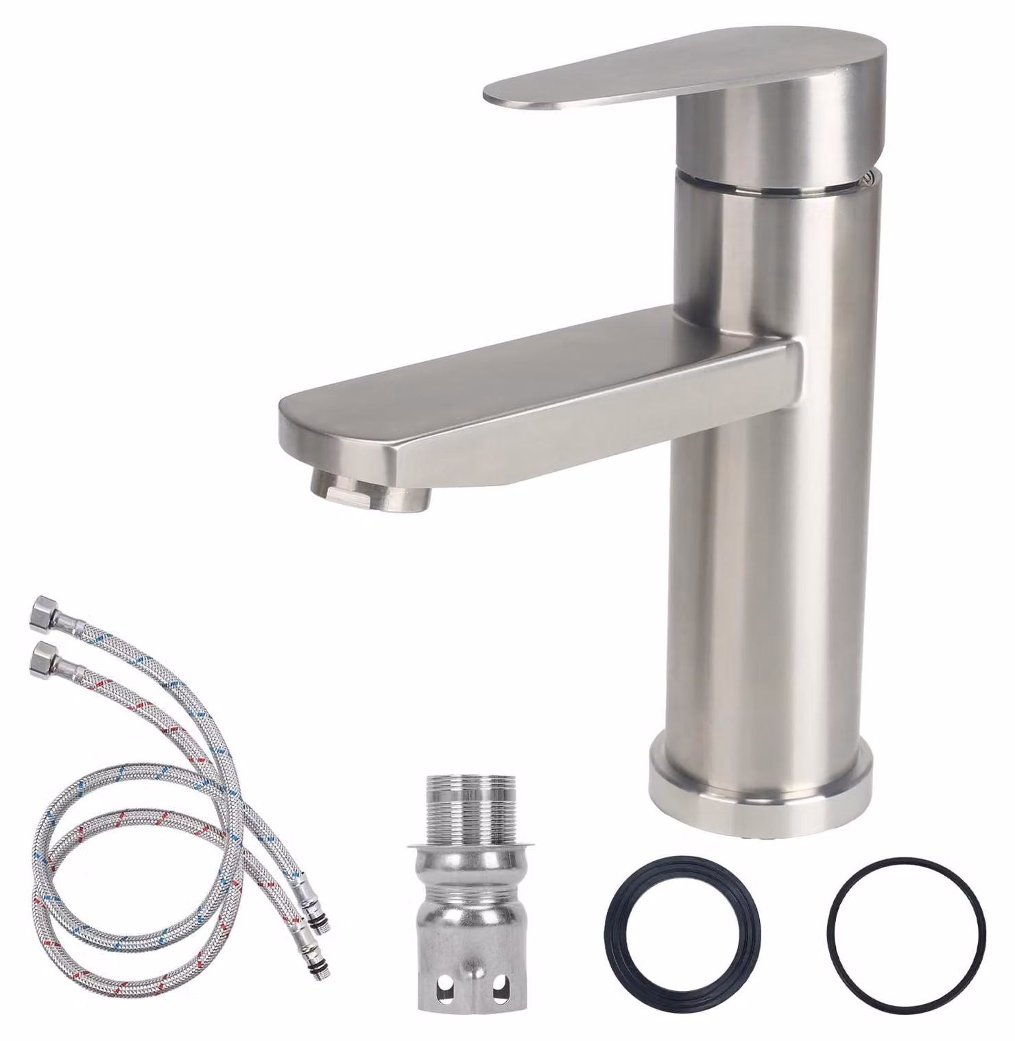 Miscelatore per lavabo in acciaio inossidabile, monoblocco, colore argento, completo di tubo flessibile