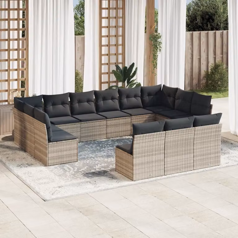 Set Divani da Giardino vidaXL 13 Pezzi a Forma di U in Polyrattan con Cuscini Grigio Chiaro