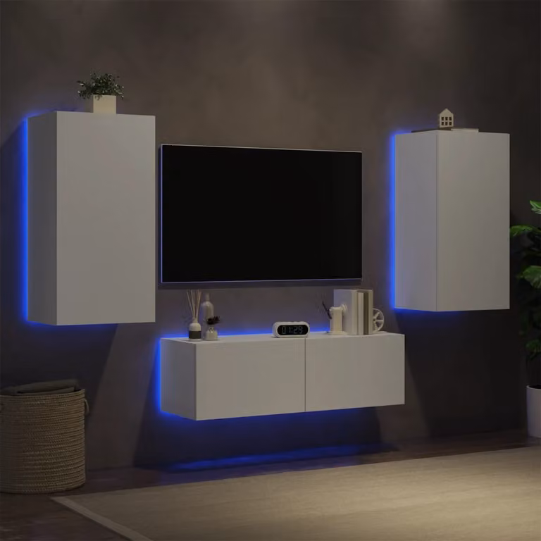 Set di mobili TV da parete vidaXL in legno bianco con luci LED integrate per soggiorno in stile moderno, 3 pezzi