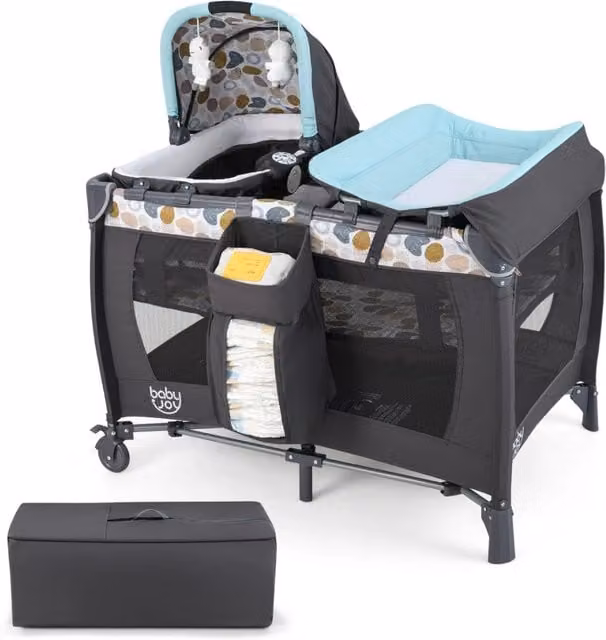 Box portatile per bambini con culla a dondolo e fasciatoio, Lettino pieghevole pack per neonati e bambini fino a 3 anni Blu