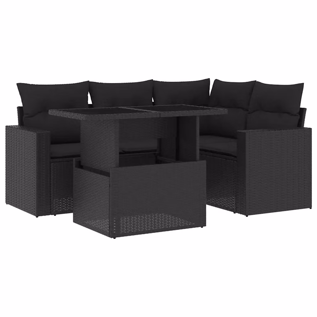 Set di Divani da Giardino vidaXL 5 Pezzi in Polyrattan Nero con Cuscini e Tavolino da Esterno a Forma di L – 2