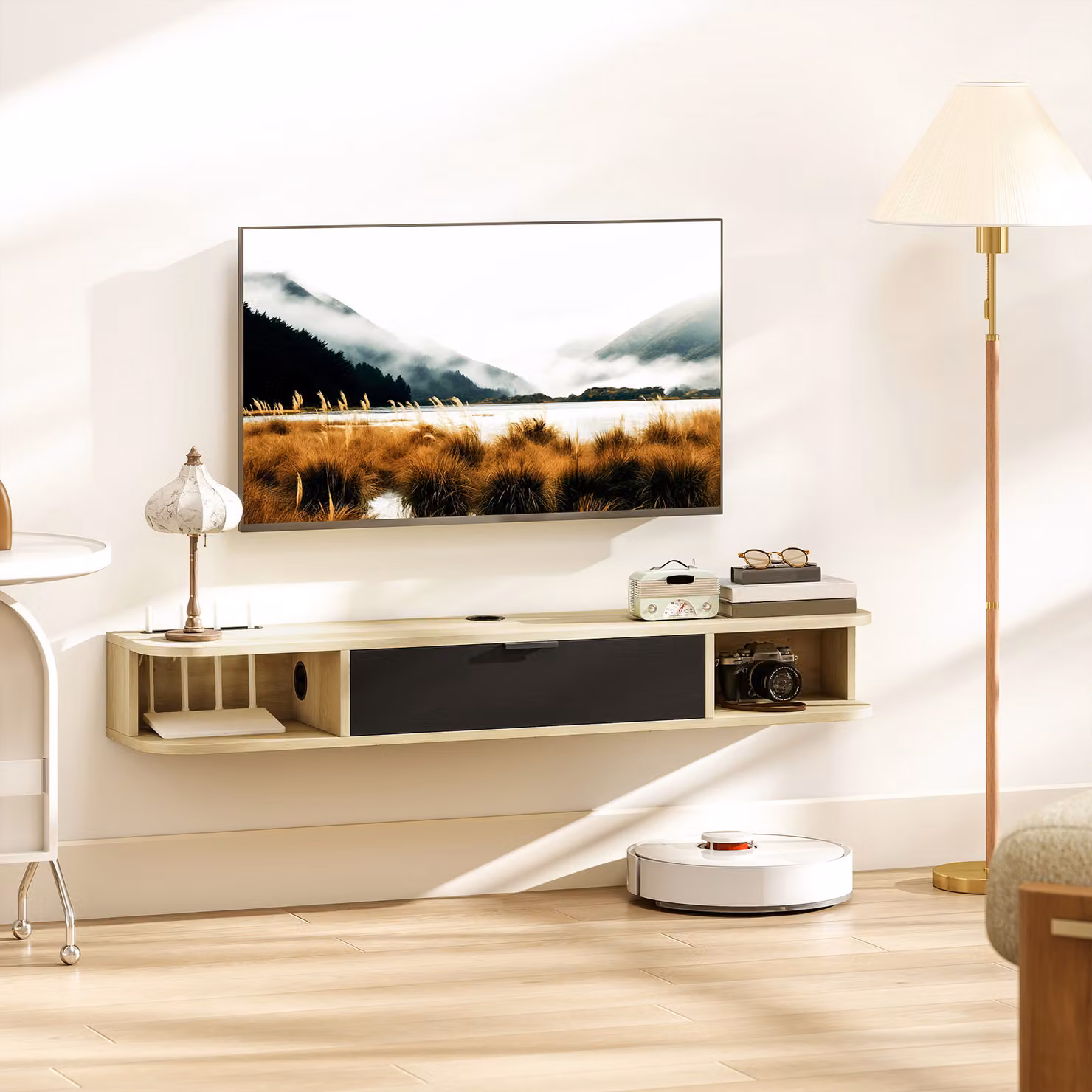 Mobile TV sospeso HOMCOM nero con cassetto ribaltabile e 2 ripiani, L 120 x P 24 x H 16 cm – 2