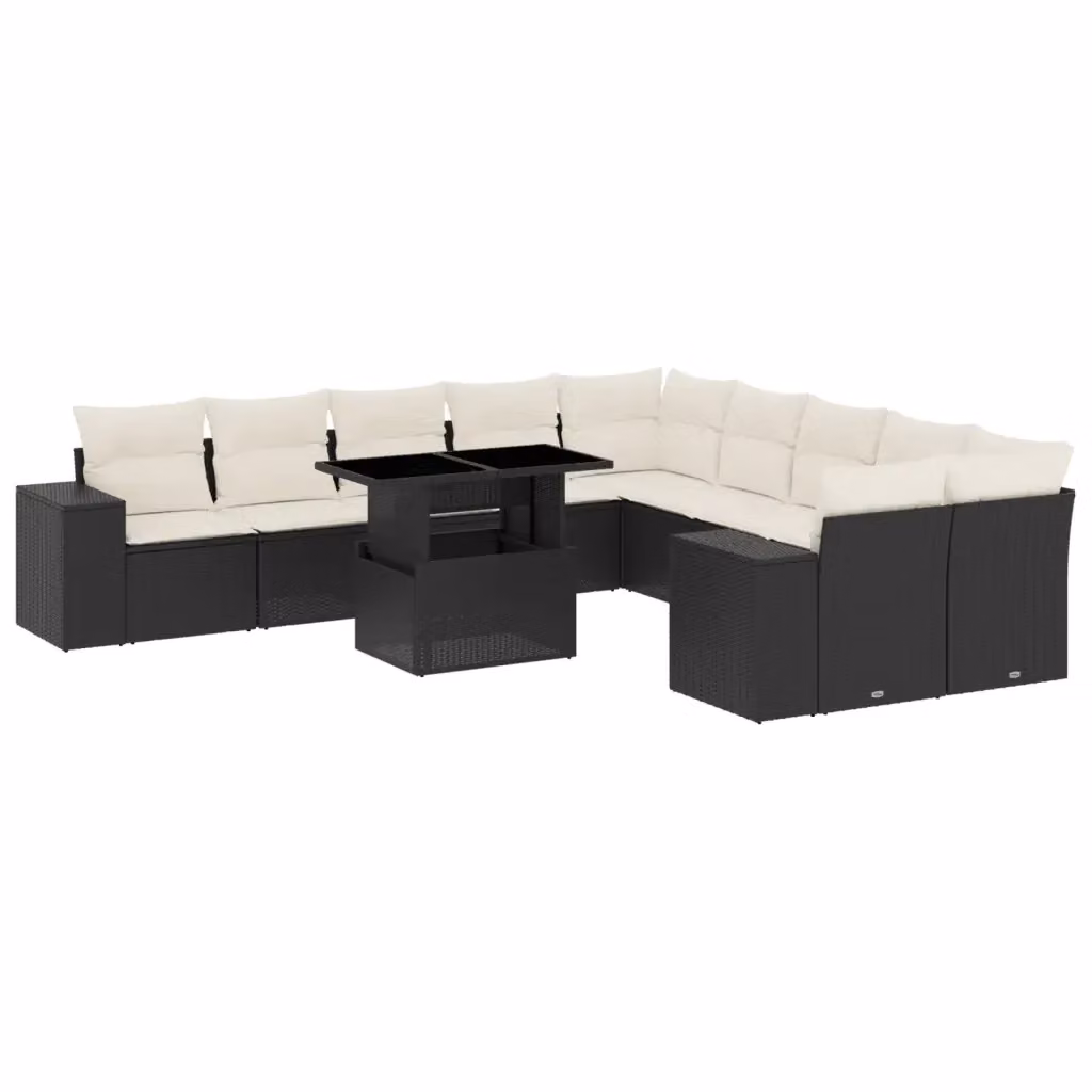 Set di divani da giardino vidaXL in polyrattan nero con cuscini bianchi a forma di U per esterno – 2