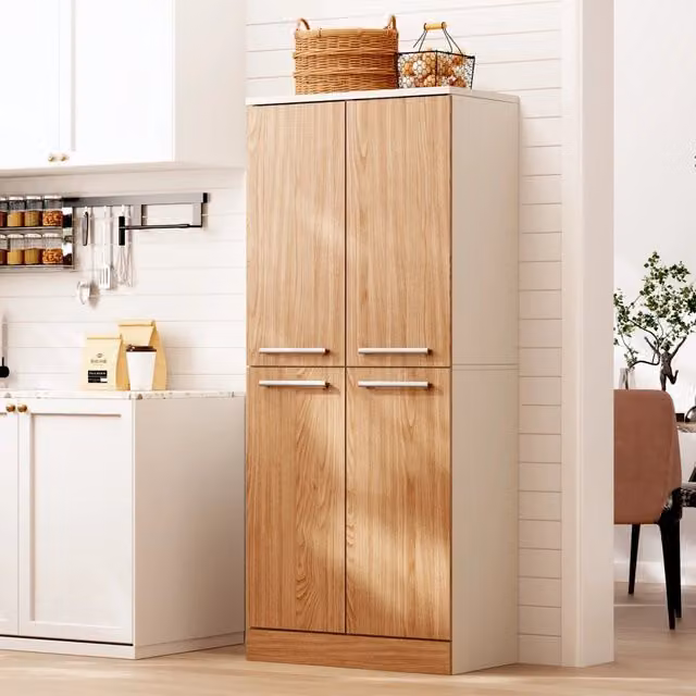 Dispensa alta con 4 ante e ripiani regolabili per cucina, in MDF, bianco e naturale, 76 × 42 × 180 cm