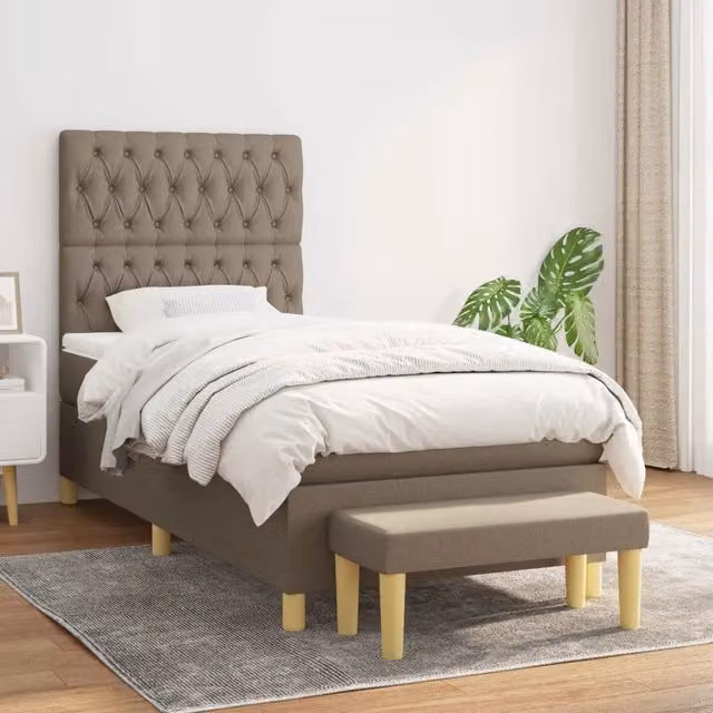 Letto moderno con giroletto a molle e materasso ibrido vidaXL in tessuto beige e bianco L: 100 cm, P: 200 cm, H: 128 cm – 1