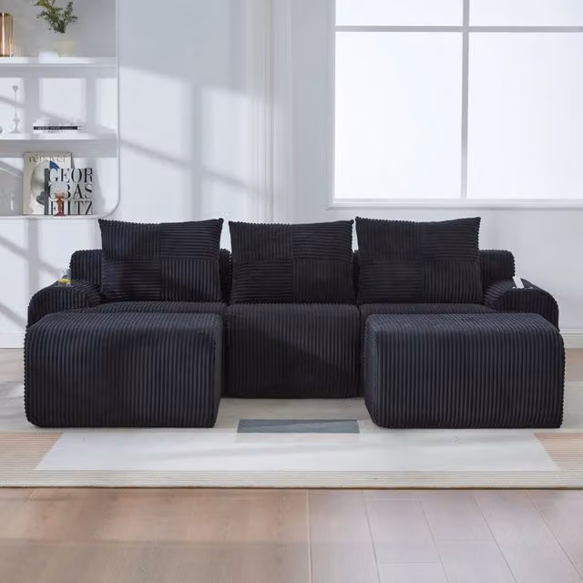 Divano modulare da 3 posti WISHDOR in tessuto corduroy nero con portabicchieri e tasca laterale L: 268 cm, P: 174 cm, H: 66,5 cm