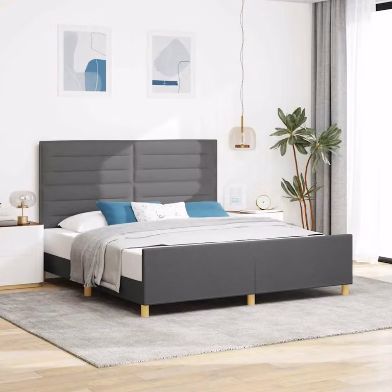 Struttura del letto moderna vidaXL in tessuto e legno, Grigio, L: 180 cm, P: 200 cm, H: 128 cm