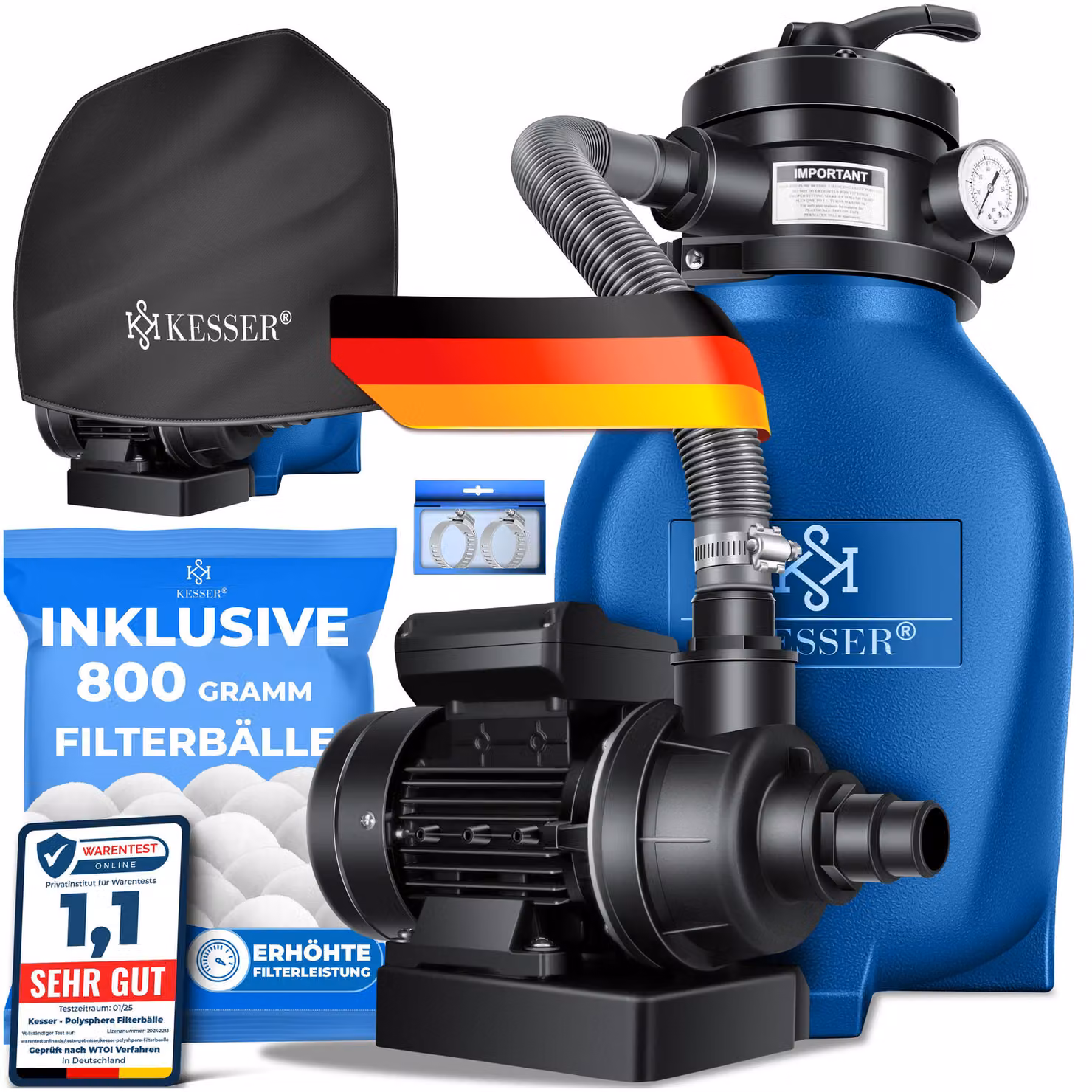 Filtro a sabbia KESSER® Impianto di filtraggio a sabbia + 800 g di sfere filtranti sostituiscono 25 kg di sabbia filtrante - Filtro per piscina 10 m³/h Impianto di filtraggio Serbatoio filtrante per piscina Valvola a 4 vie, comando semplice