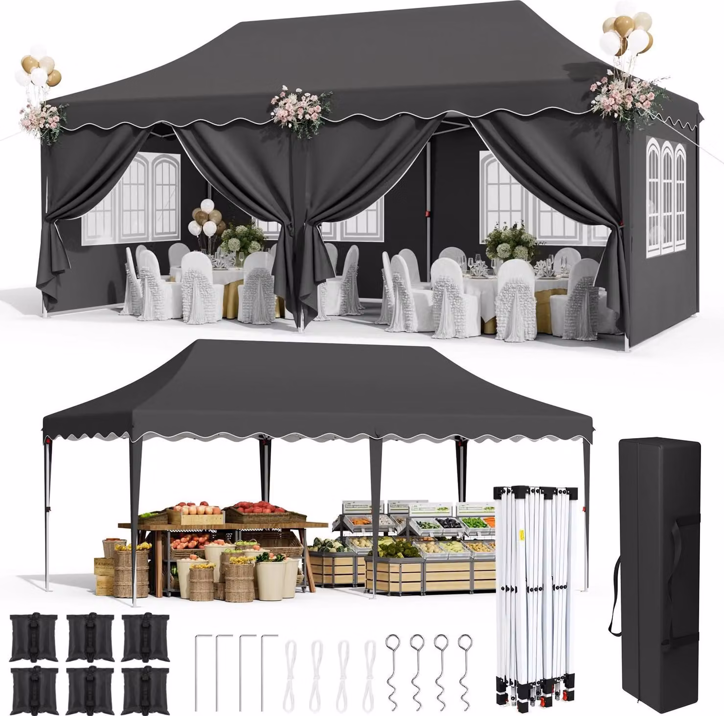 Padiglione da giardino per feste 3x6 m - Pop Up - Impermeabile - UV 50+ - Con tutte le pareti laterali - Struttura in alluminio - HDPE, rivestimento inPoliuretano- Nero