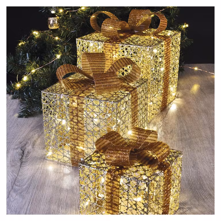 Scatole regalo a LED, confezione da 3 pezzi, luce bianco caldo, cavo da 3 metri, grado di protezione IP20, per uso interno