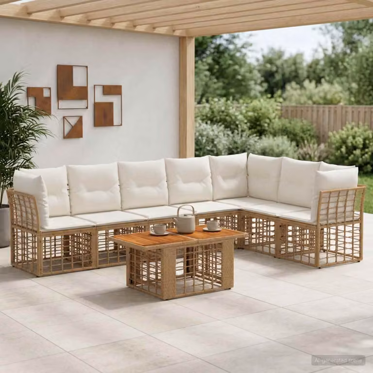 Set Divano da Giardino vidaXL 8 pz in Polyrattan con Cuscini, Colore Naturale e Bianco Crema