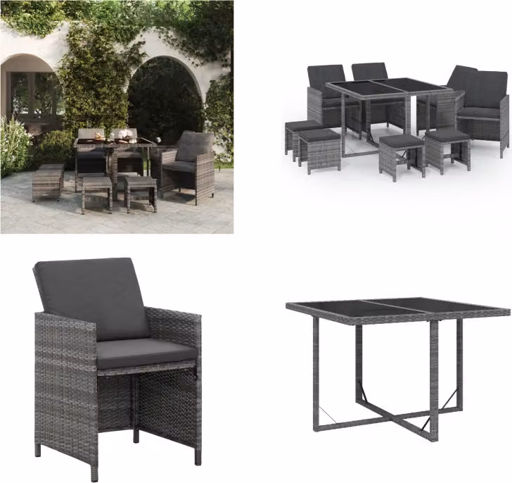 vidaXL Set da pranzo da giardino 9 pezzi con cuscini in poly rattan grigio - Set da pranzo da giardino - Set da pranzo da giardino - Set da pranzo da esterno - Set da pranzo da patio