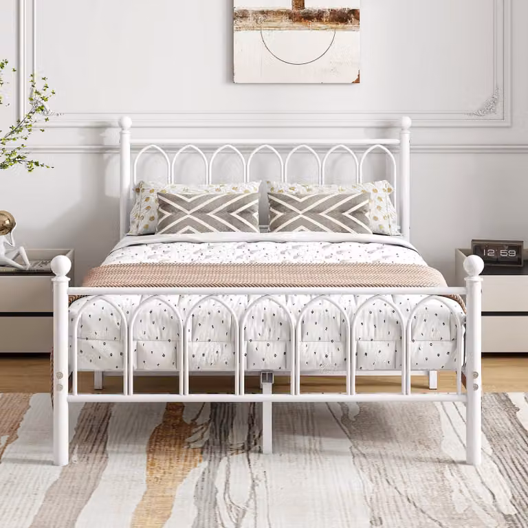 Struttura letto matrimoniale in metallo, dimensioni 4ft6, con spazio contenitore, colore bianco