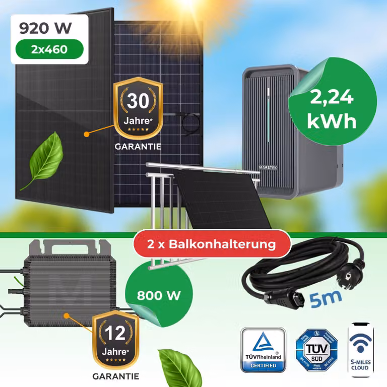 Kit completo per impianto fotovoltaico da balcone da 920 W con accumulatore Marstek B2500D da 2,24 kWh, 2 moduli bifacciali vetro-vetro da 460 W e inverter M2-800, supporto per balcone incluso