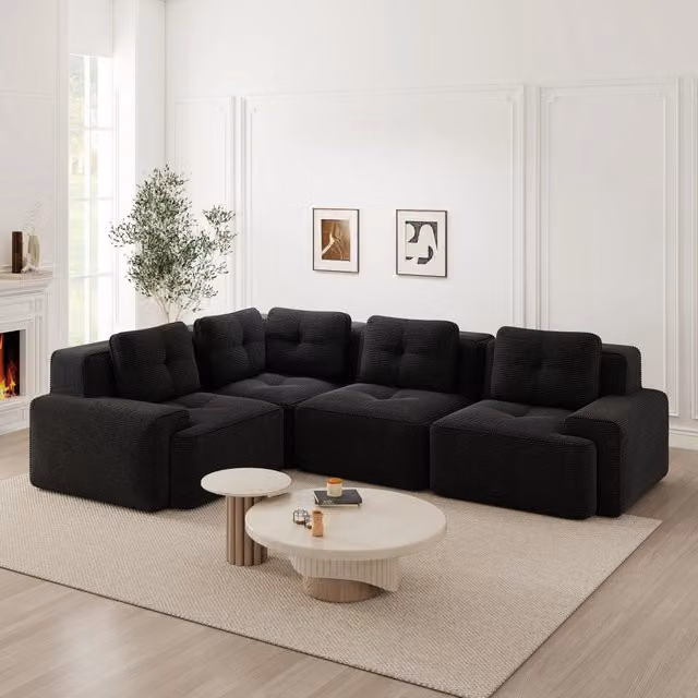 Divano componibile senza struttura 4 posti in velluto a coste nero, 295x206x69 cm, seduta profonda 74 cm