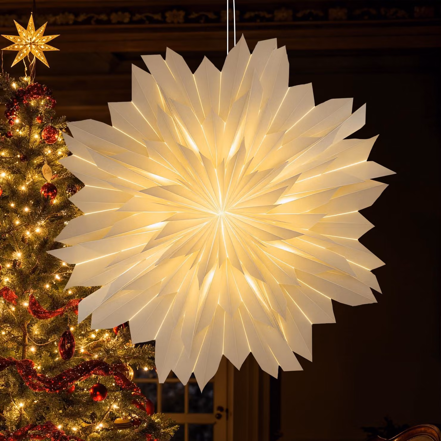 Stella di carta 3D, 45 cm, con luci LED a luce calda, pieghevole, decorazione natalizia