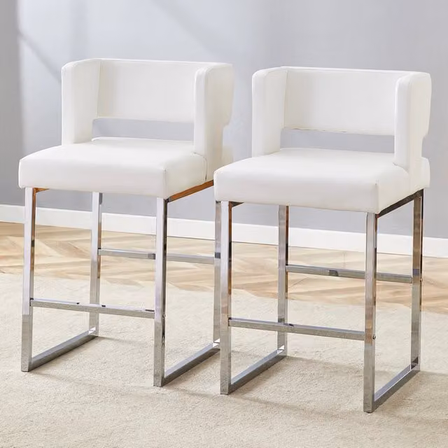 Set di 2 sgabelli da bar Zephmum in stile nordico con seduta rettangolare in ecopelle bianca e gambe in metallo argento