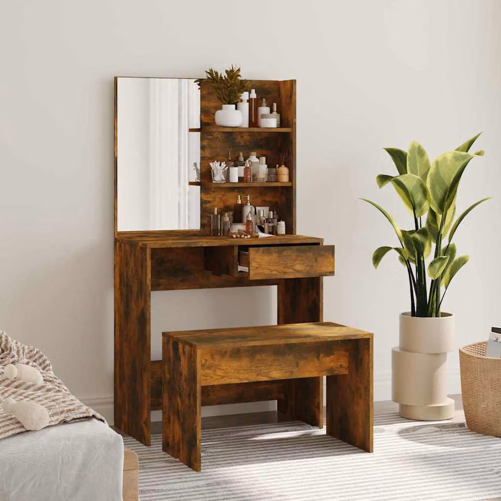 Set Tavolo da Toeletta vidaXL in Rovere Fumo, L/P/H: 74,5 x 40 x 141 cm
