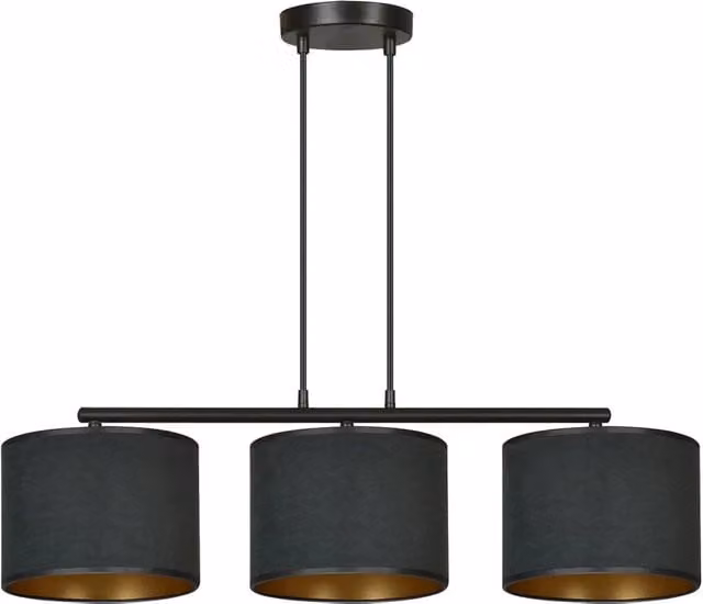 Lampadario a sospensione moderno Luceart-Classic Vinayaka con 3 luci in metallo nero e oro e paralumi in tessuto nero – 1