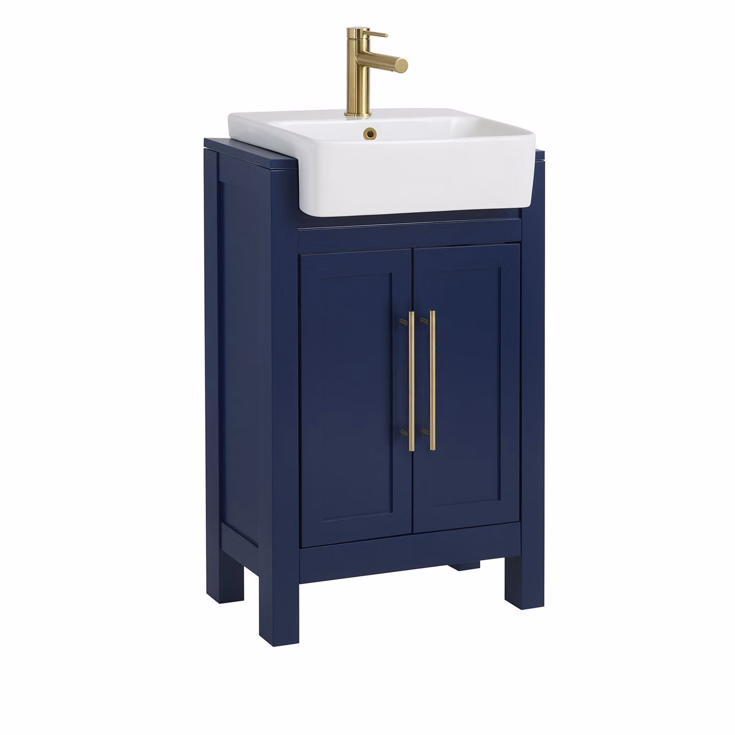 Mobile Bagno Blu Marino da 550mm con Lavabo e Maniglia Moderna con Barra a T in Oro Satinato - Warwick