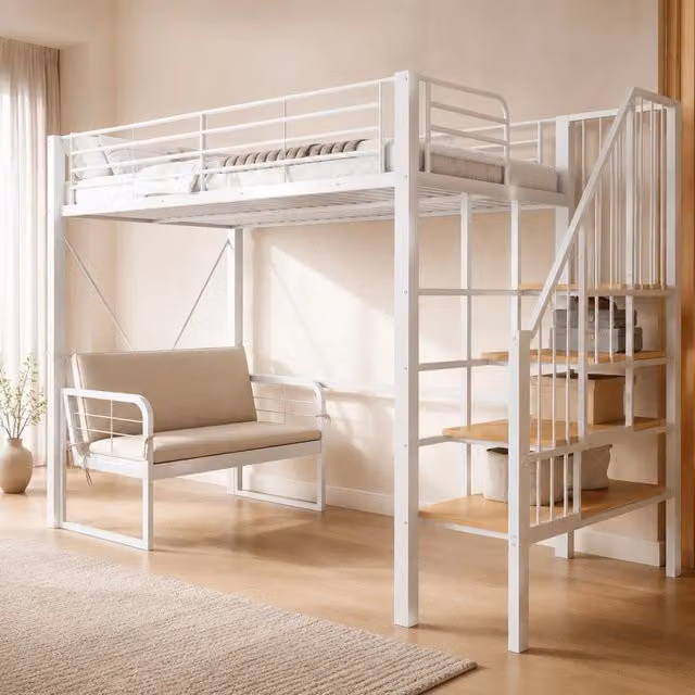 Letto a castello 90x200 cm bianco in metallo e MDF con scala contenitore