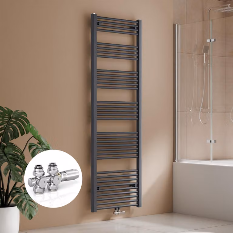 Radiatore da bagno 180 × 60 cm, 860W, antracite, con kit di valvole per collegamento centrale, design lineare, radiatore asciuga-asciugamani – S'AFIELINA