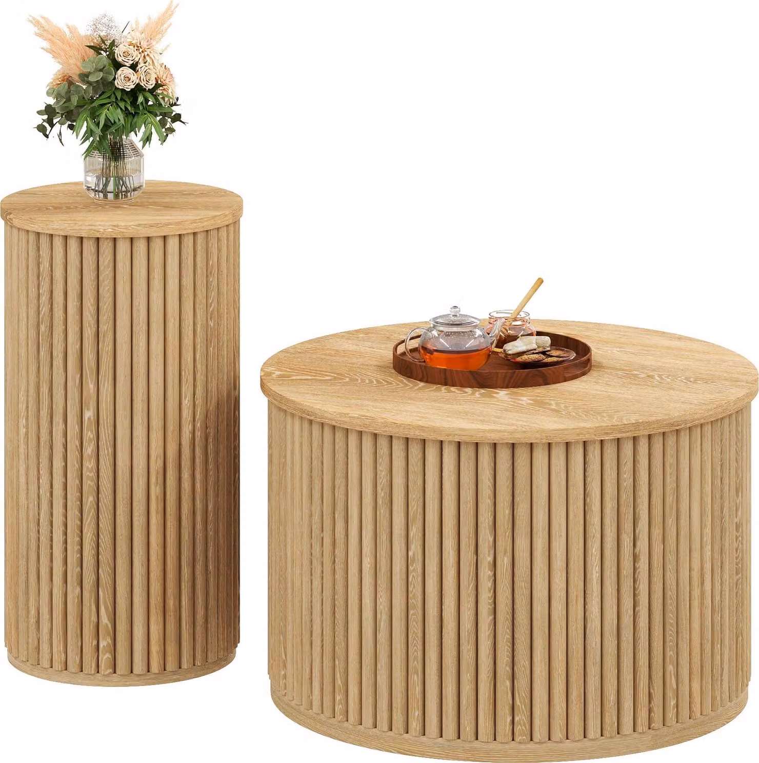 Tavolino da salotto Moonbite, set da 2, con motivo a righe in rilievo, piano resistente agli urti, design cilindrico stabile, ideale per famiglie, realizzato in pannello MDF, finitura naturale