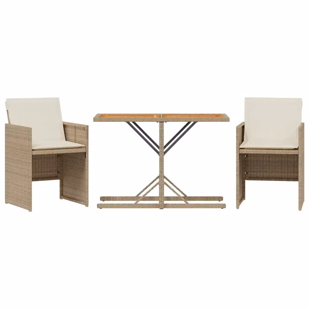 Set da Bistrò vidaXL in Polyrattan e Legno di Acacia con 3 Cuscini Beige per Giardino e Terrazzo – 2