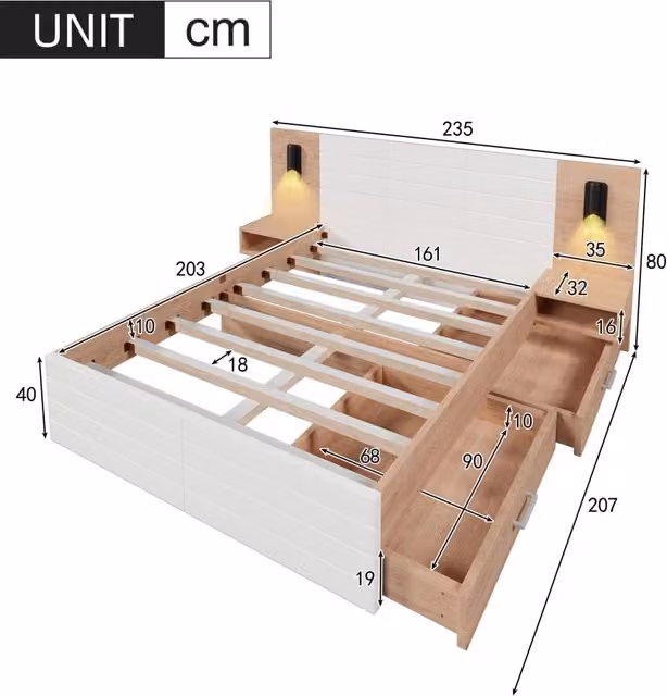 Letto matrimoniale in legno 160x200 cm con 2 cassetti e 2 comodini, luce da lettura con USB, bianco/rovere chiaro, senza materasso