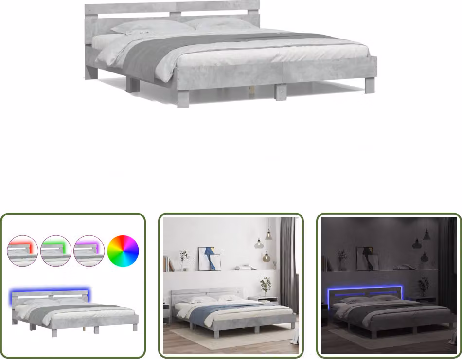 The Living Store Struttura letto con testiera e illuminazione LED grigio cemento