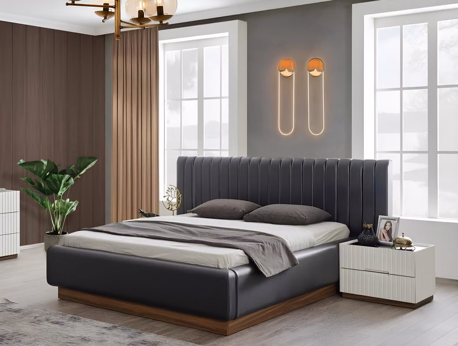 Graues Doppelbett Luxuriöse Polstermöbel Edle Schlafzimmer Holz Betten