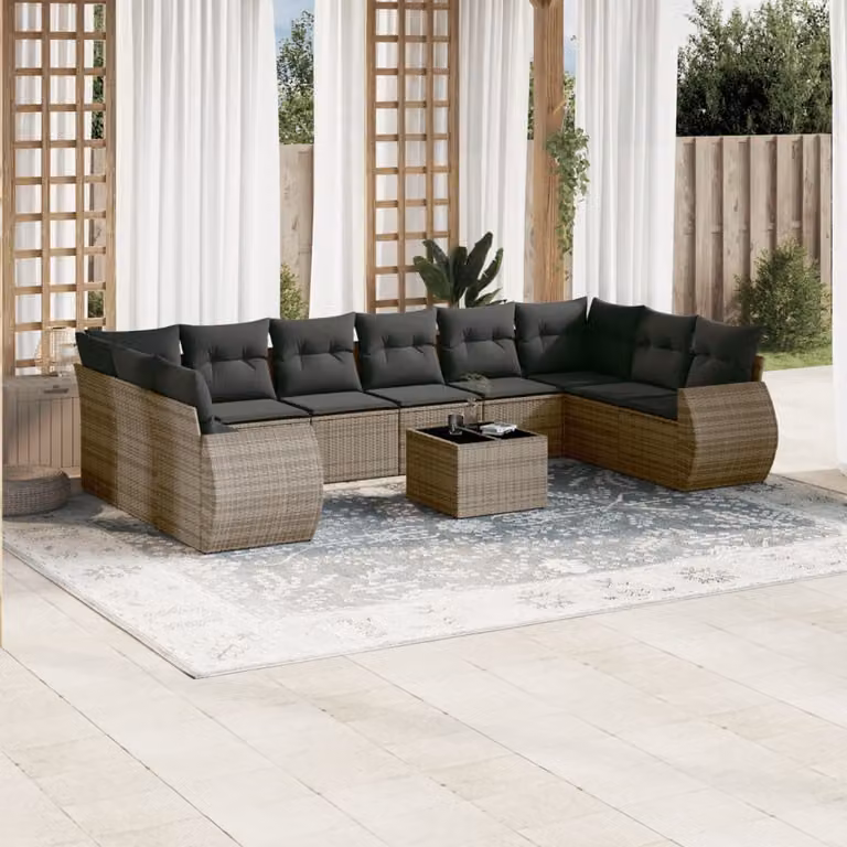 vidaXL Set Divani da Giardino 11 pz in Polyrattan Grigio con Cuscini e Tavolino