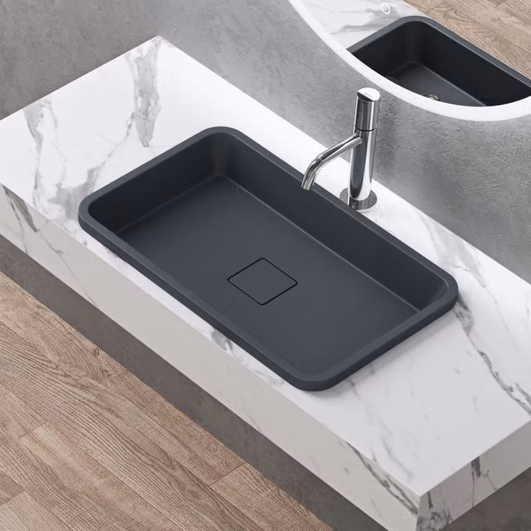 doporro Lavabo da Incasso Soprapiano 60x38 cm in Resina Minerale Antracite Opaco, Lavandino Rettangolare da Appoggio Senza Foro Rubinetto con Piletta Inclusa šC Colossum104