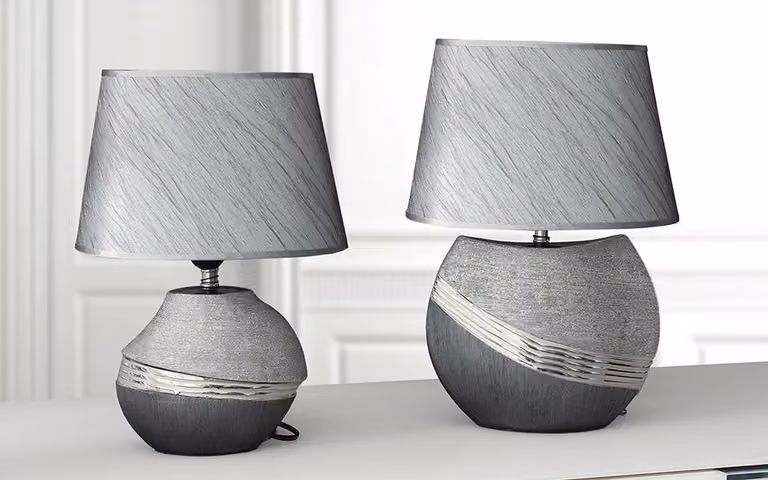 Gilde Tischleuchte, "Bridgetown", Keramik, grau, silberfarben, VE 2, L. 19 cm, B. 27.5 cm, H. 37 cm 43381 4009079433814