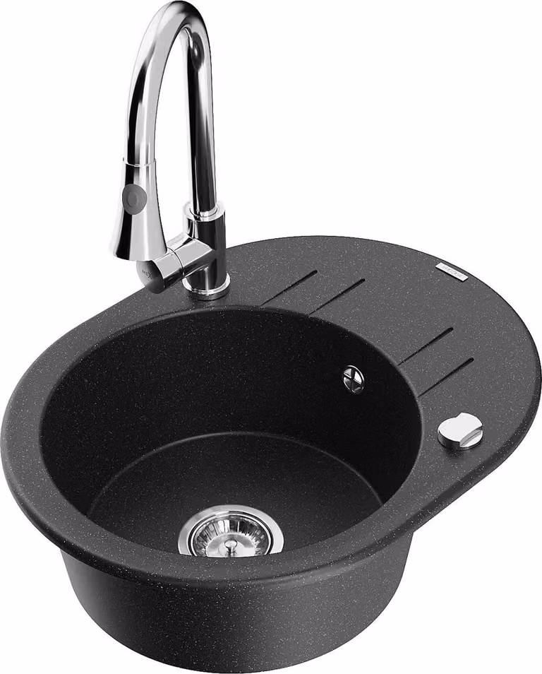 Mexen Kevin lavello in granito a 1 vasca con sgocciolatoio e rubinetto da cucina Elia, nero/argento metallizzato